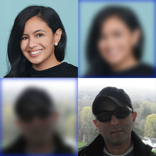 Headshots of Joel Isaac and Pia Zaragoza, plus copies of each headshot that are blurred, arranged in a two by two grid.