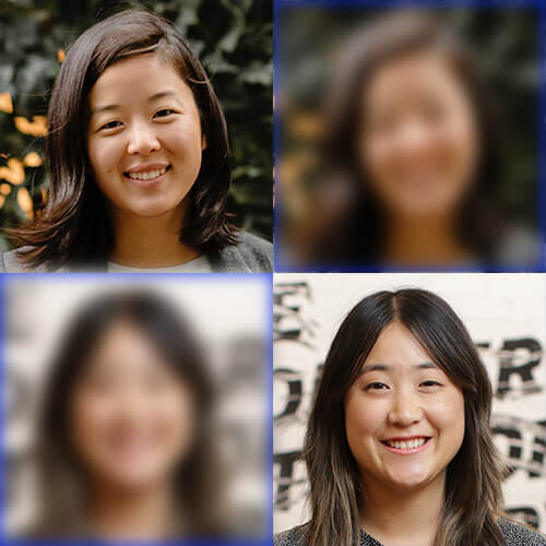 Headshots of Taylor Kim and Lisa Madokoro, plus copies of each headshot arranged in a two by two grid.